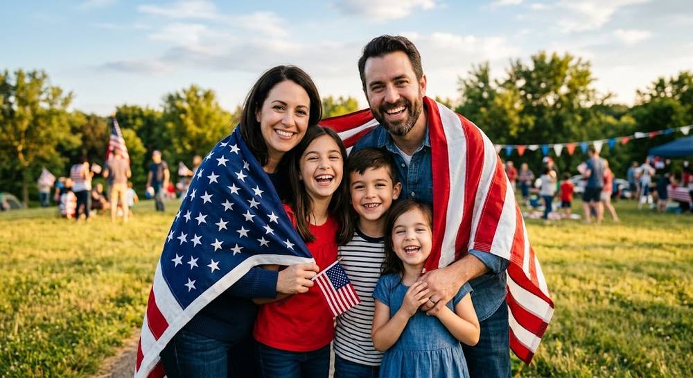 Family celebrating with an American flag